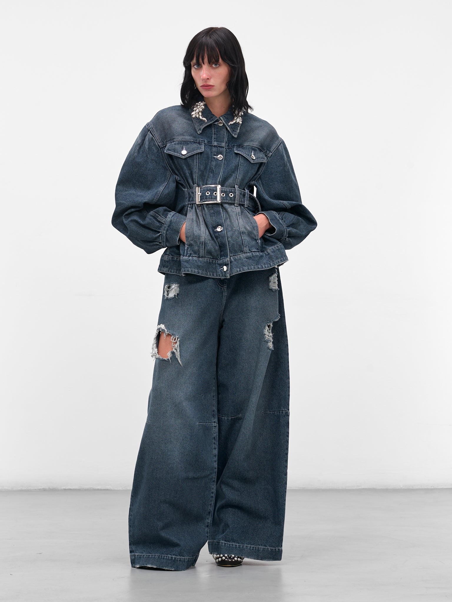 Blue Denim Peplum Biker Jacket - 6