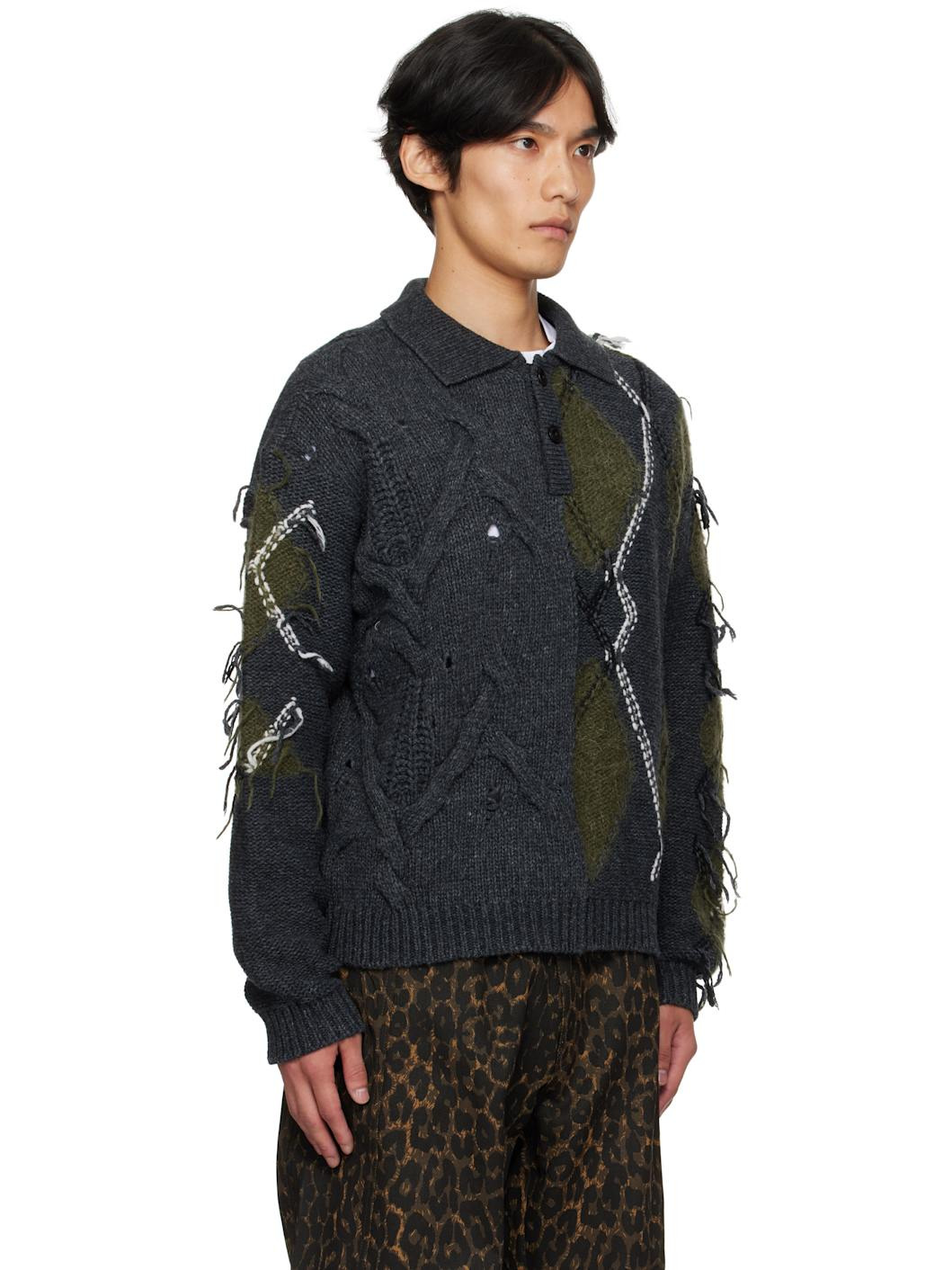 Gray & Green Argyle Fisherman Polo Sweater - 2
