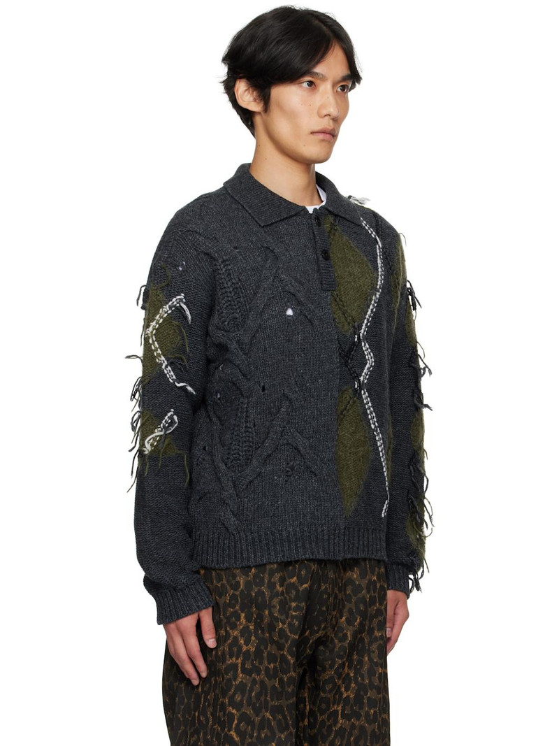 Gray & Green Argyle Fisherman Polo Sweater 2