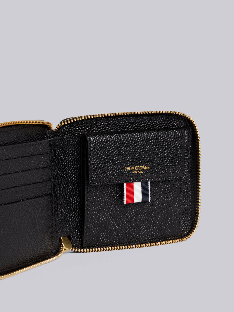 Thom Browne Black Pebble Grain Leather Debossed 4-Bar Compact Zip Wallet With Strap outlook