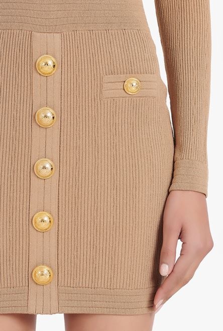 Short sand-colored eco-designed knit dress with gold-tone buttons - 8