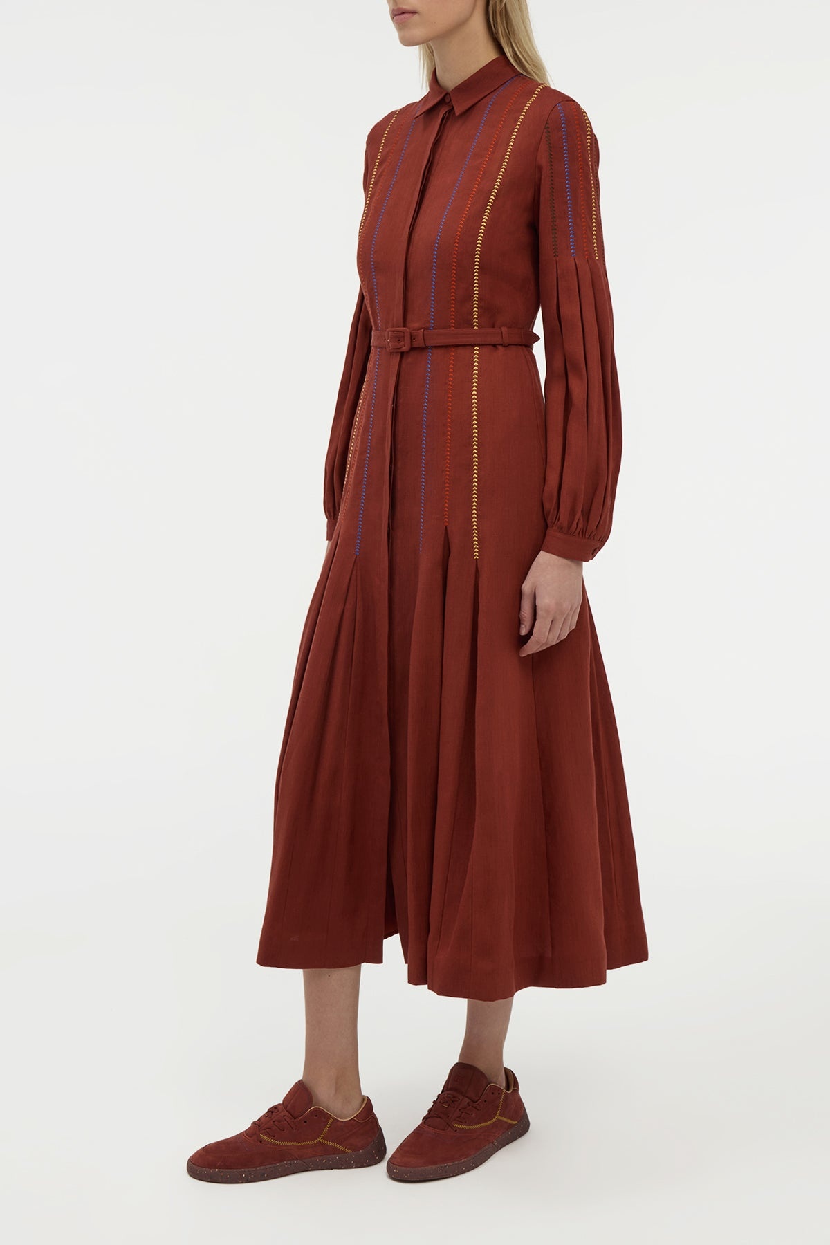 Aleka Pleated Midi Shirtdress in Burnt Sienna Multi Aloe Linen - 3