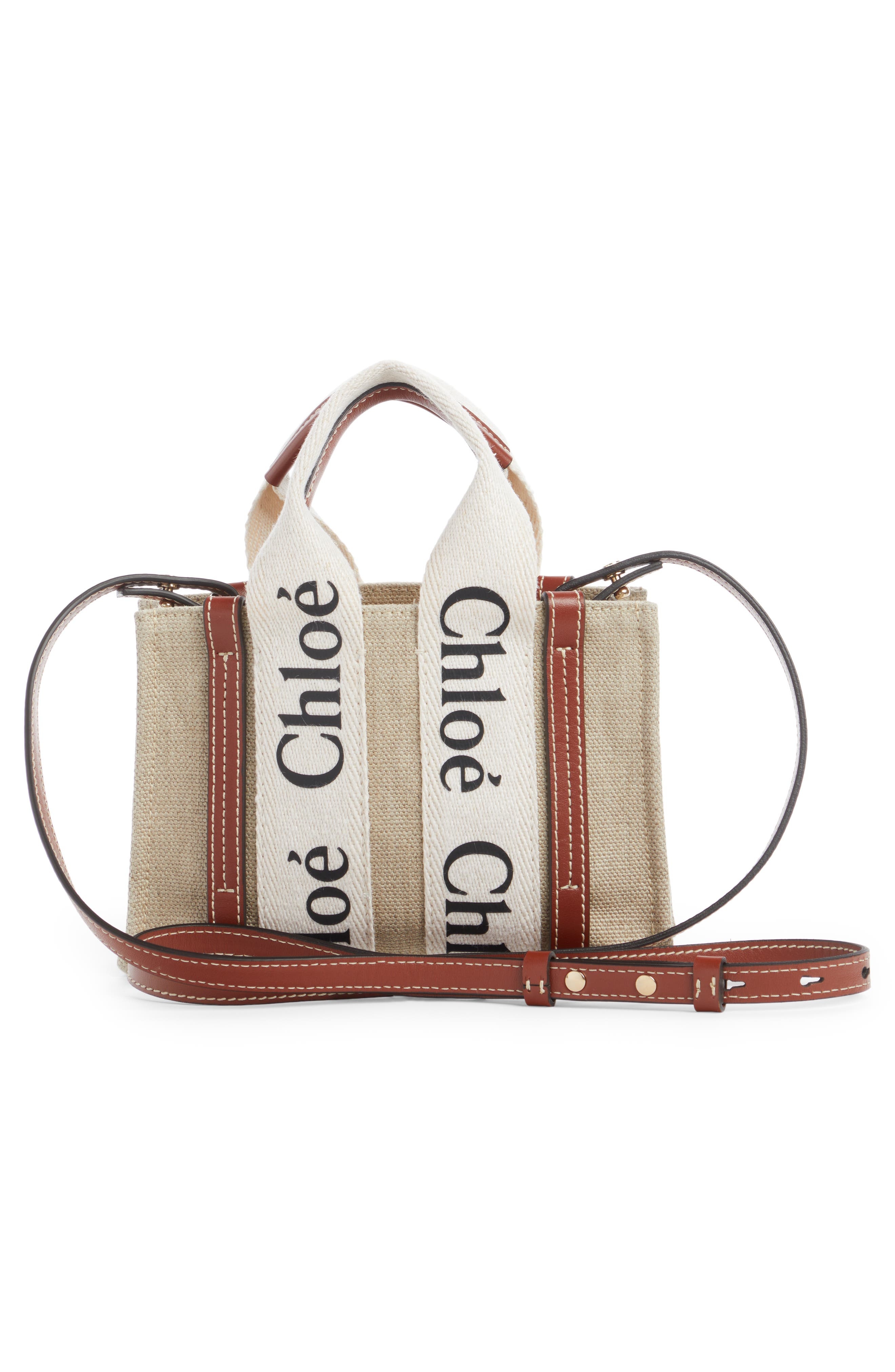 Chloé Small Woody Logo Strap Linen Tote in White - 3