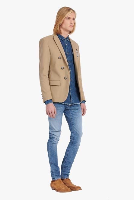 Dark sand-colored cotton blazer with embroidered Balmain badge and double-breasted silver-tone butto - 7