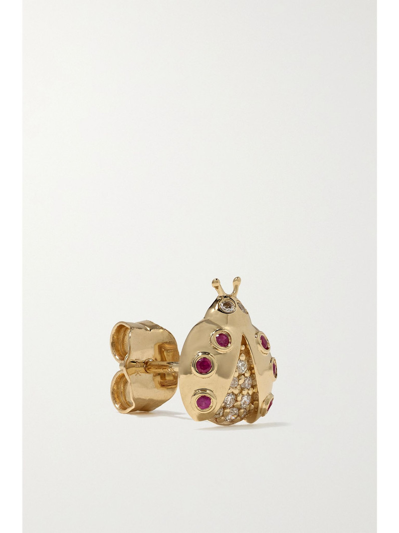 Small Ladybug 14-karat gold, ruby and diamond earrings Gold 3