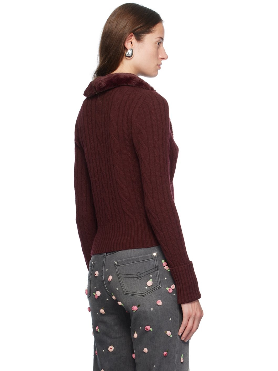 Burgundy Faux-Fur Collar Cardigan - 3