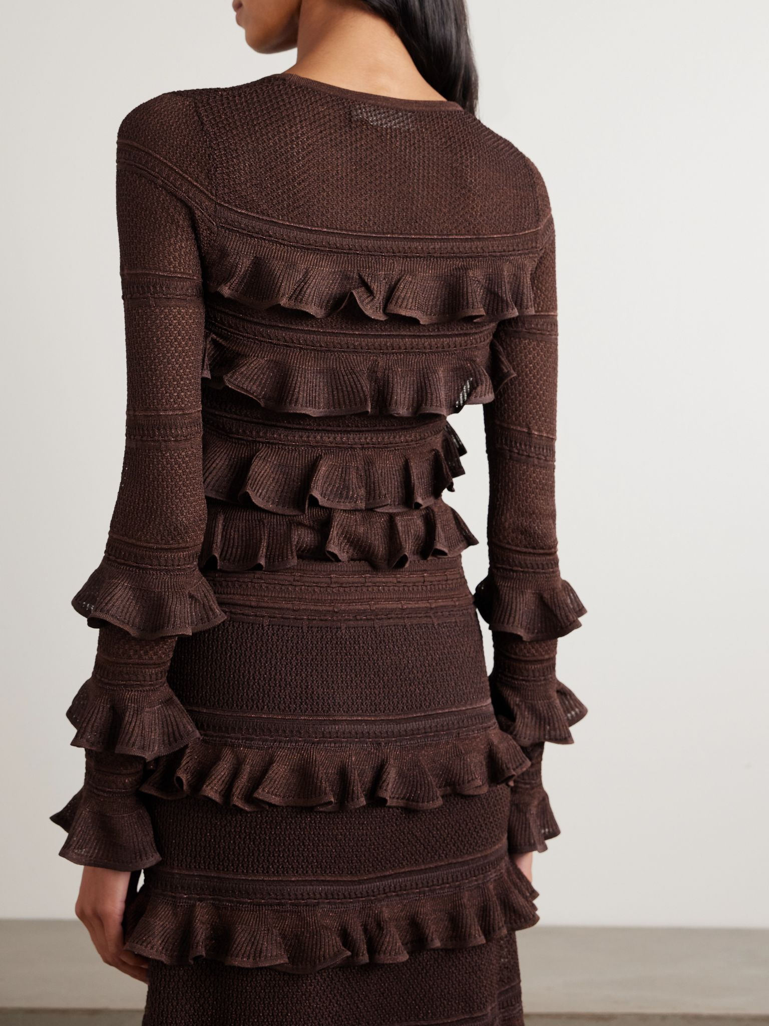 Ruffled metallic pointelle-knit top Chocolate - 3