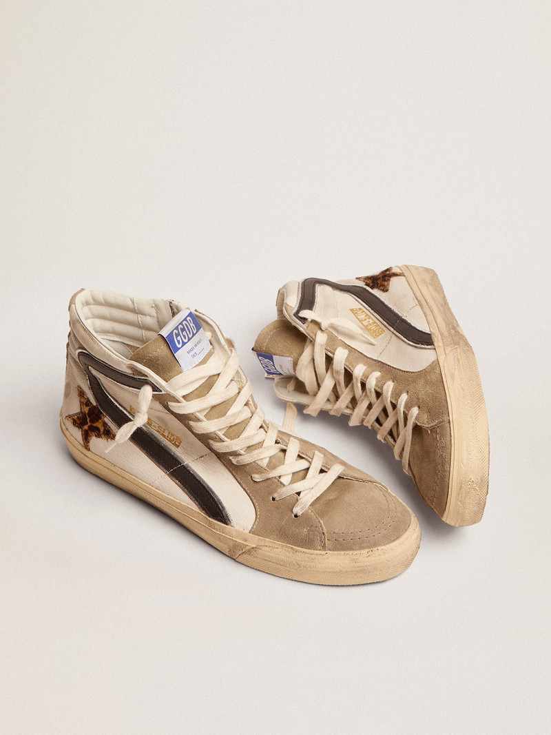 Golden Goose Men's Slide with leopard print pony skin star and black flash outlook
