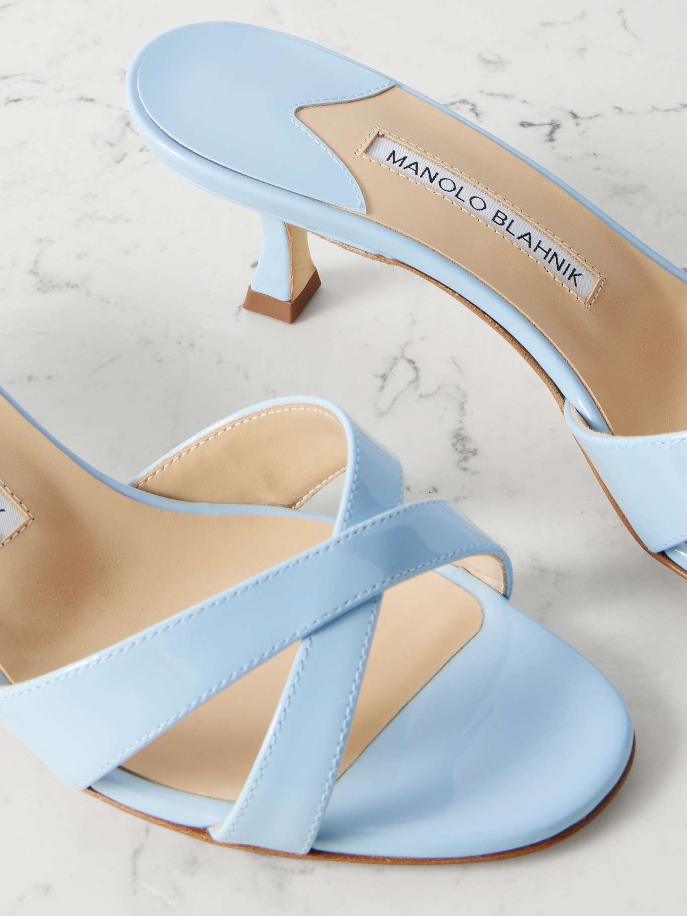 Manolo Blahnik Callamu 50 patent-leather mules Light blue