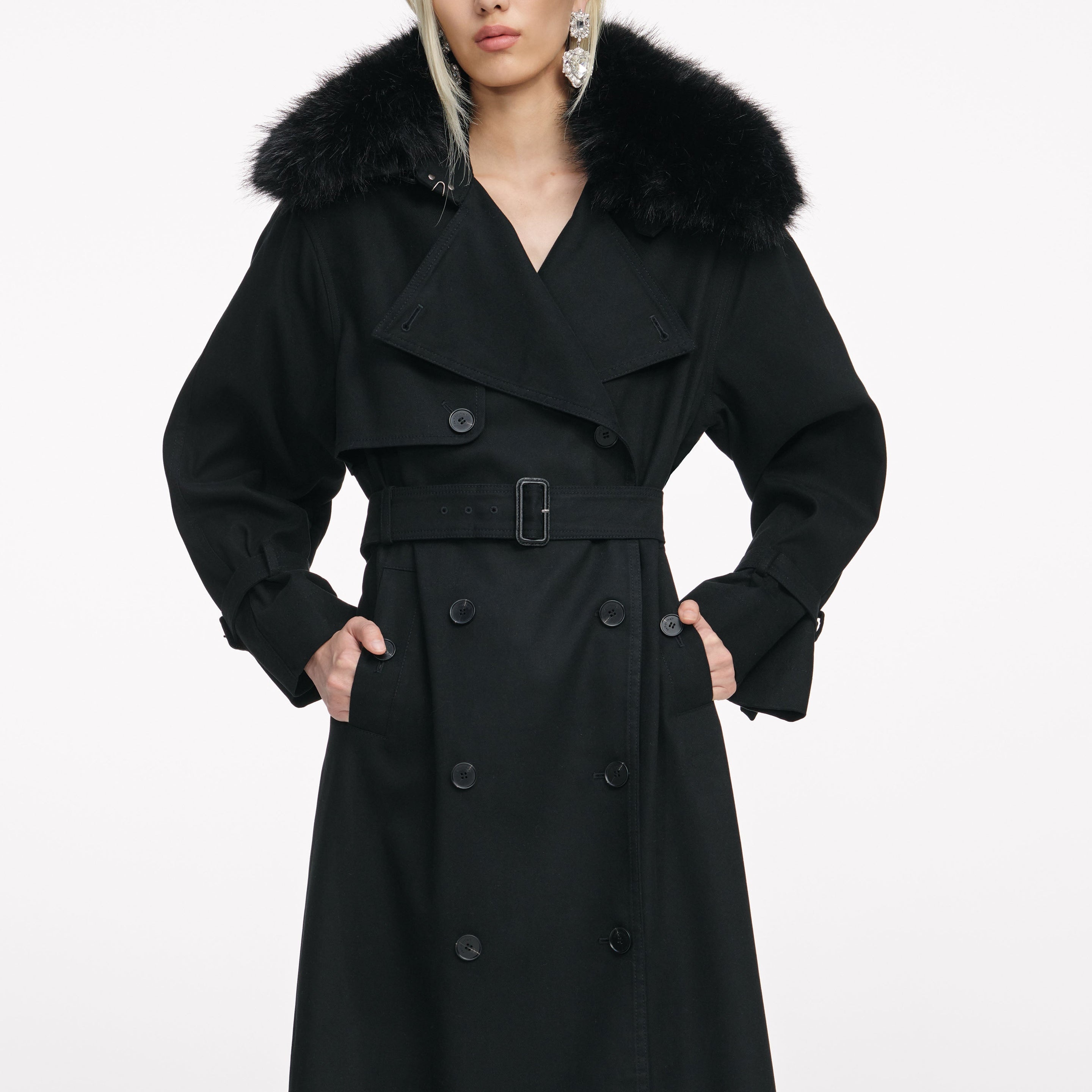 Black Twill Fur Collar Trench Coat - 4