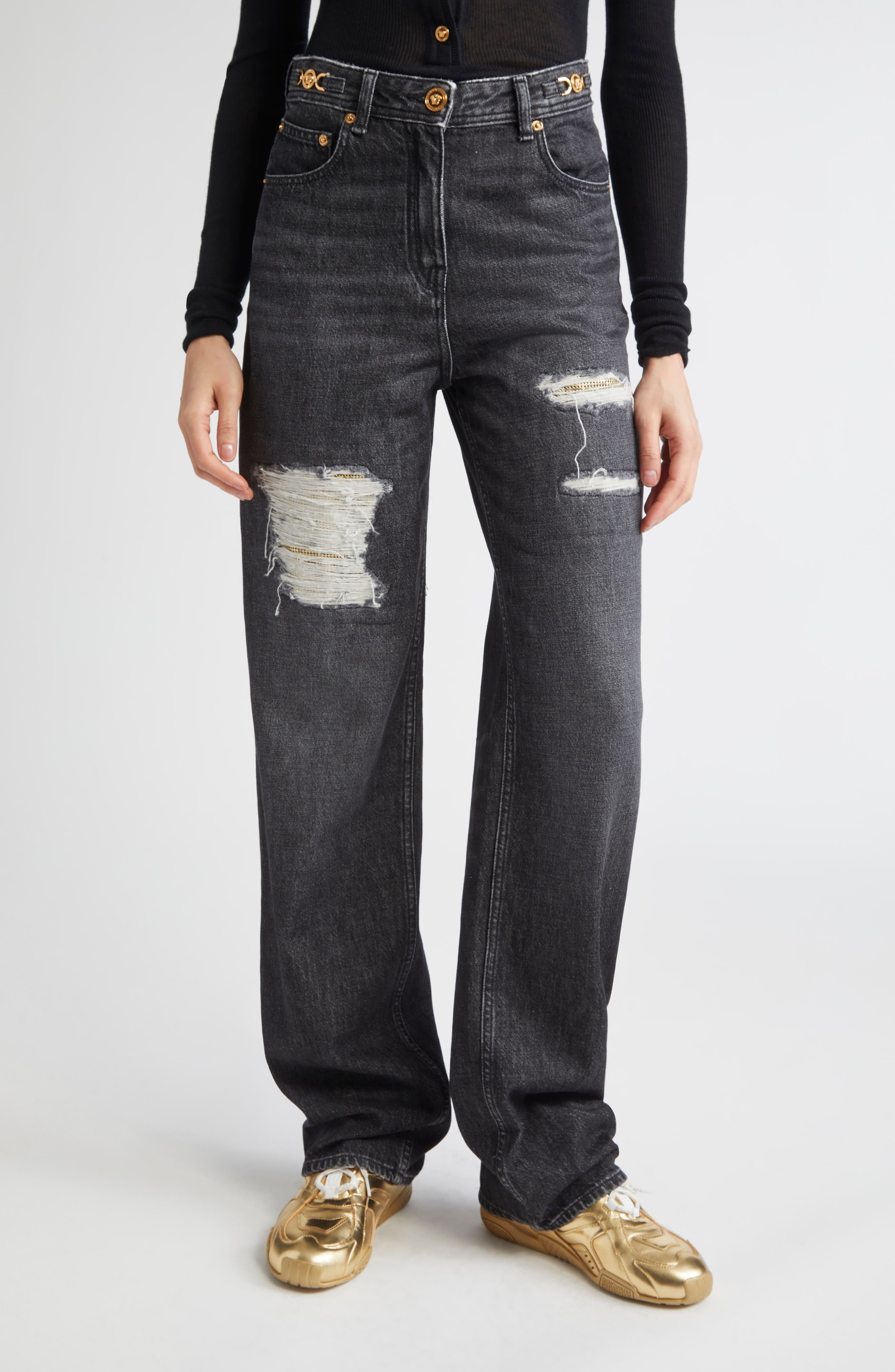 Versace Rip & Repair Straight Leg Jeans in Black at Nordstrom - 1
