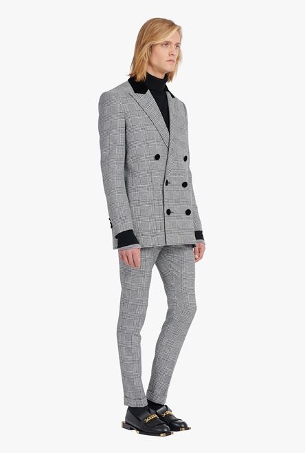 White and black glen plaid wool blazer with black velvet collar - 7