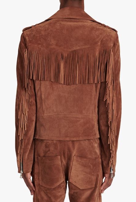Balmain x Netflix -Hazelnut brown suede biker jacket - 9