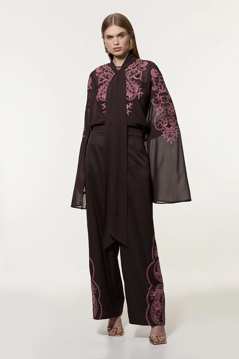 Tall Cutwork Beaded Twill Wide Leg Woven Trouser - 1