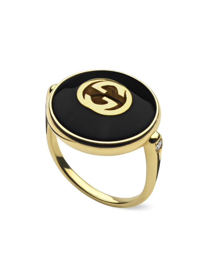 Men's Interlocking G 18K Yellow Gold, Black Onyx & 0.042 TCW Diamond Ring - Yellow Gold 1