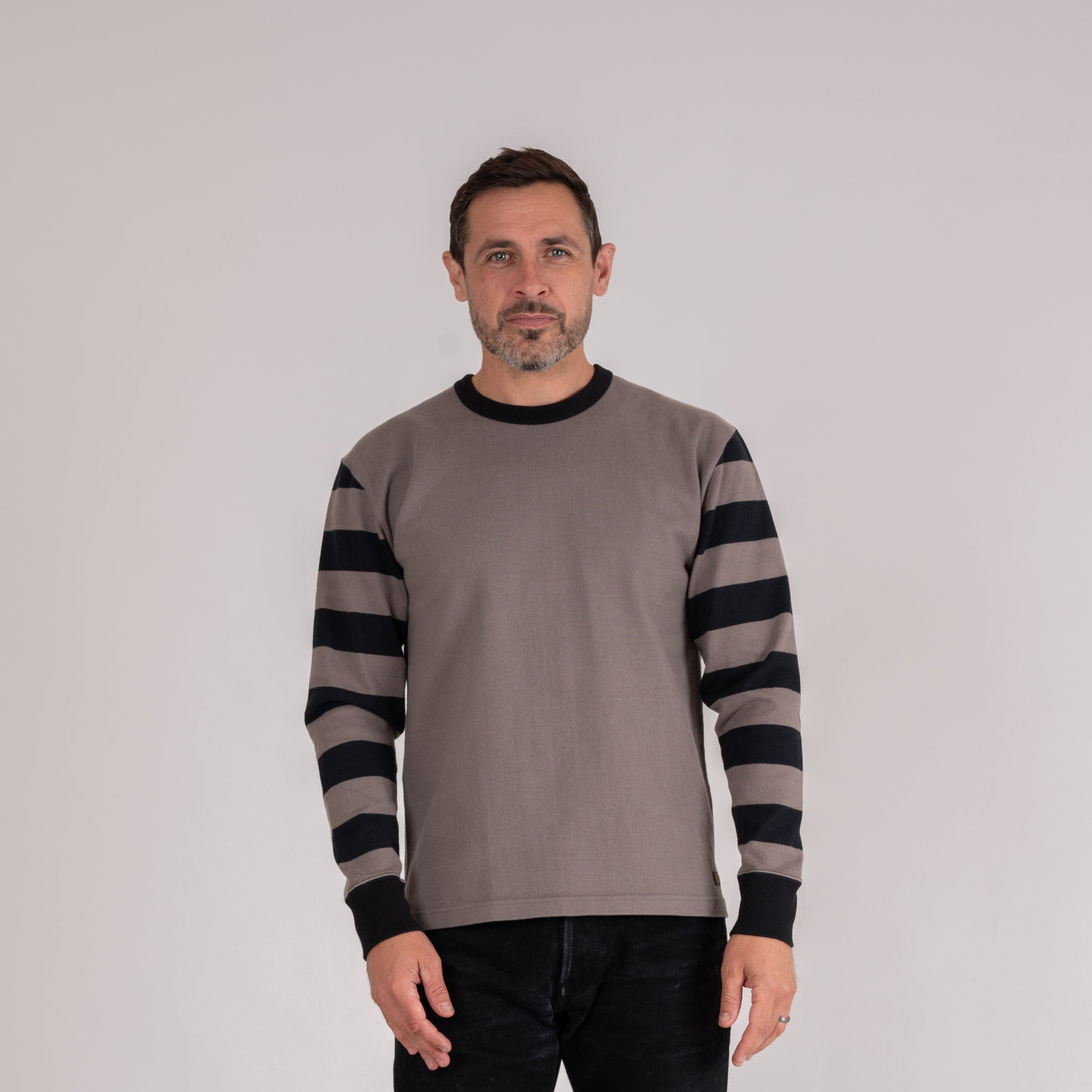 IHTB-12-GRY 11oz Cotton Knit Long-Sleeved Sweater - Grey Body with Stripes - 2