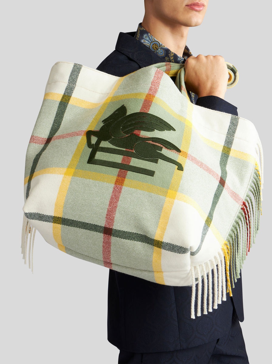 LARGE CHECK JACQUARD SOFT TROTTER TOTE BAG WITH FRINGING - 2