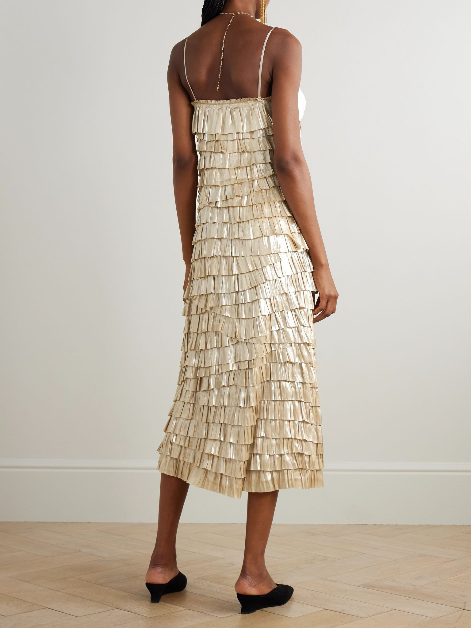 Samara tiered metallic recycled plissé-satin midi dress Gold - 3