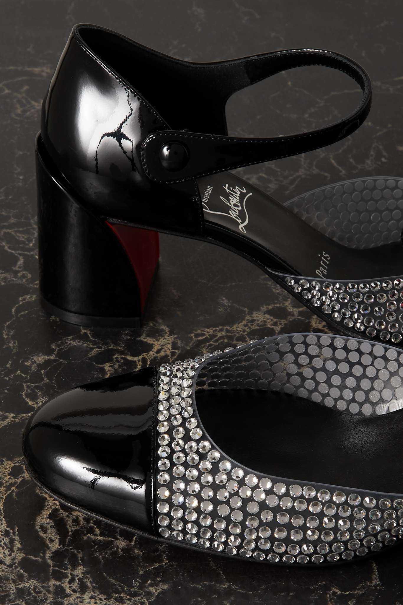 洗練【CHRISTIAN LOUBOUTIN】ミスMJストラス ミラーPVCパンプス Miss MJ Strass mirrored leather and PVC pumps in gold