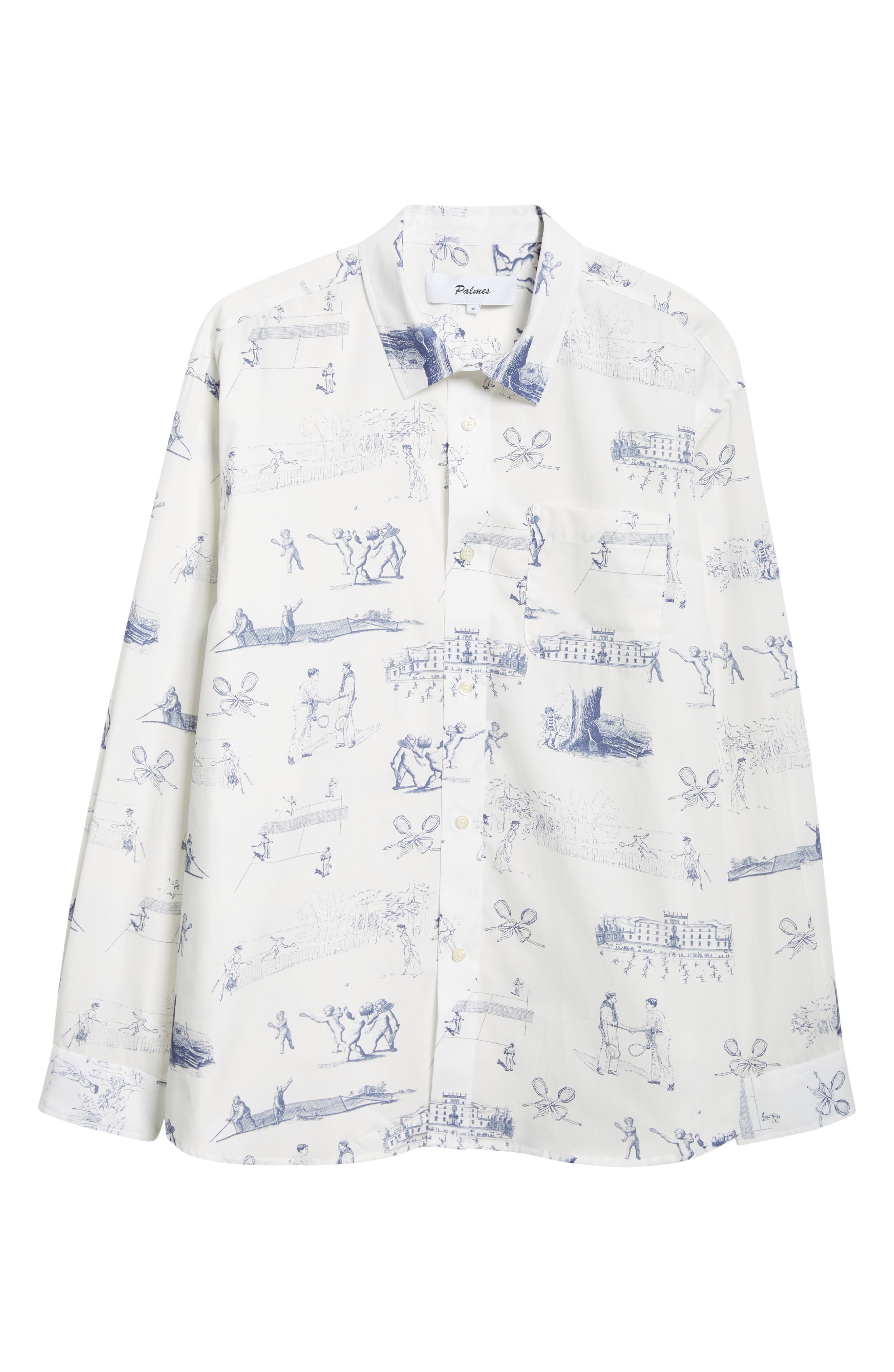 PALMES Tennis Print Cotton Poplin Button-Up Shirt in White at Nordstrom - 6
