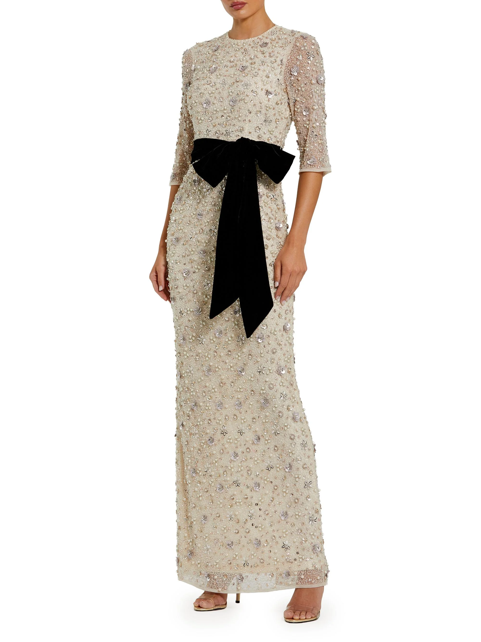 Women's Beaded Bow Column Gown - Oyster Black - 1
