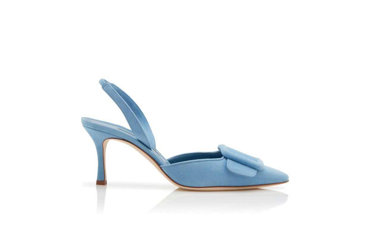 Light Blue Suede Buckle Detail Slingback Pumps - 1