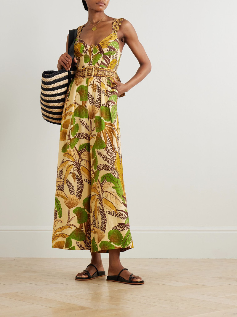 FARM RIO Belted shirred printed linen-blend jumpsuit Beige outlook