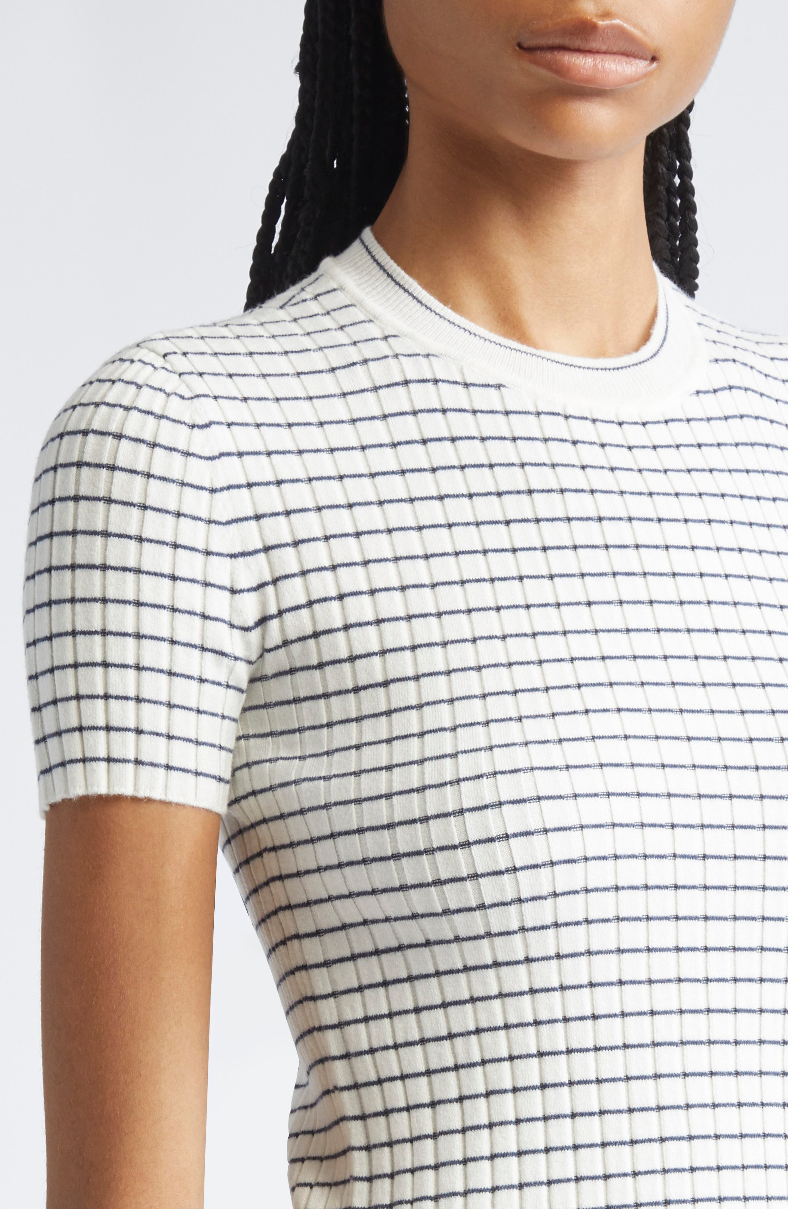 Emporio Armani Stripe Rib Crewneck Top in Solid White at Nordstrom - 4