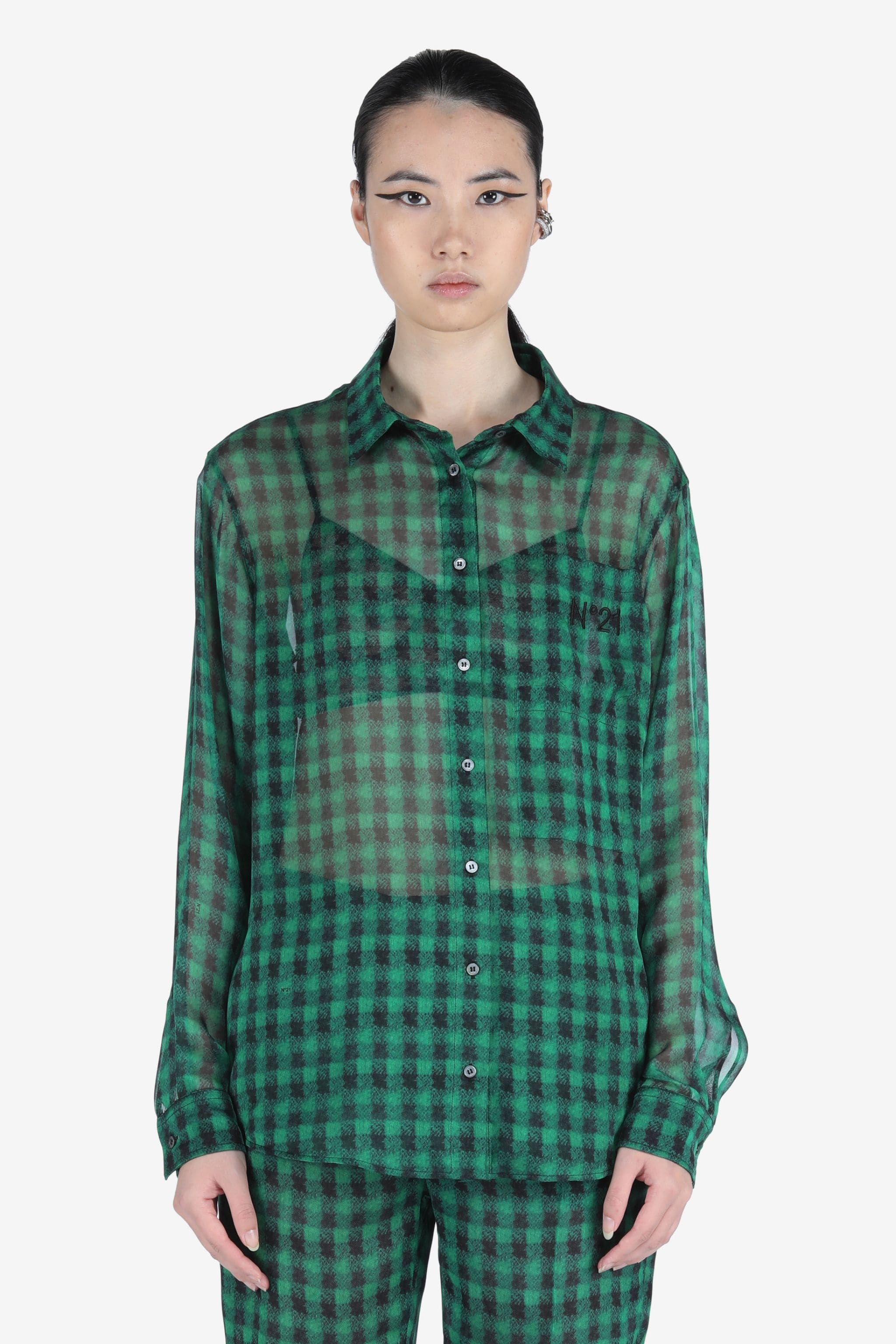 LOGO-EMBROIDERED CHECKED SILK SHIRT - 1