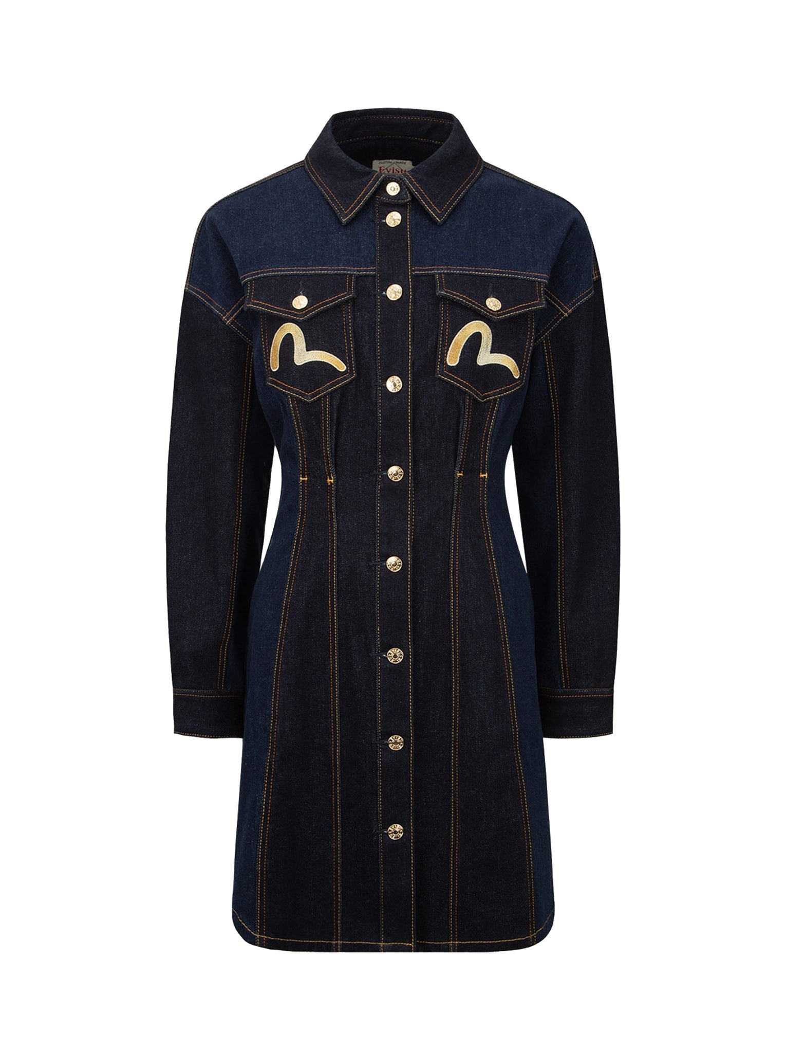 SEAGULL AND KAMON EMBROIDERY DENIM BLOCKING DRESS - 10