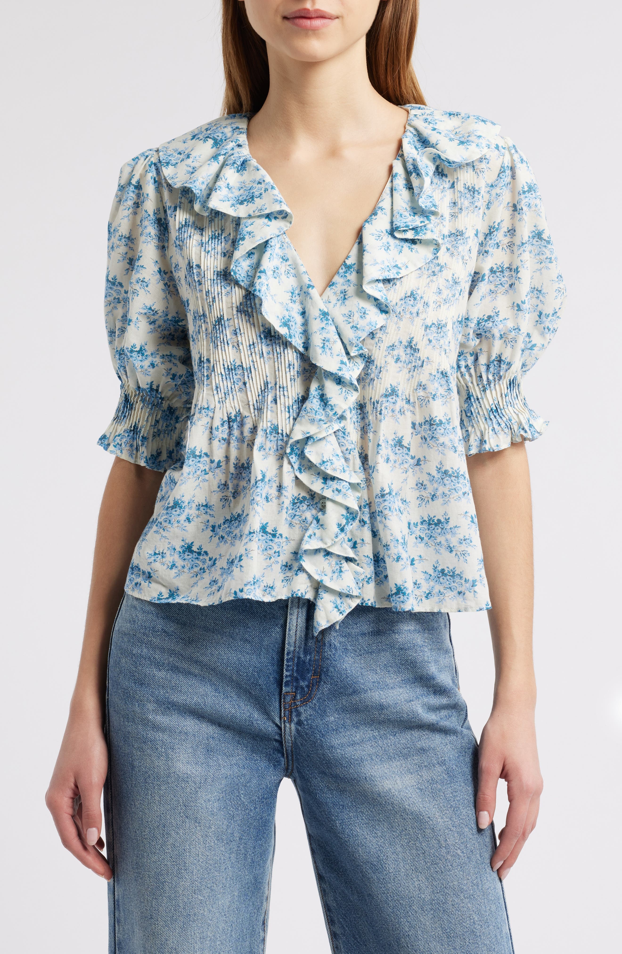 DÔEN Henri Floral Organic Cotton Voile Top in Bleu Rosier Floral at Nordstrom - 1