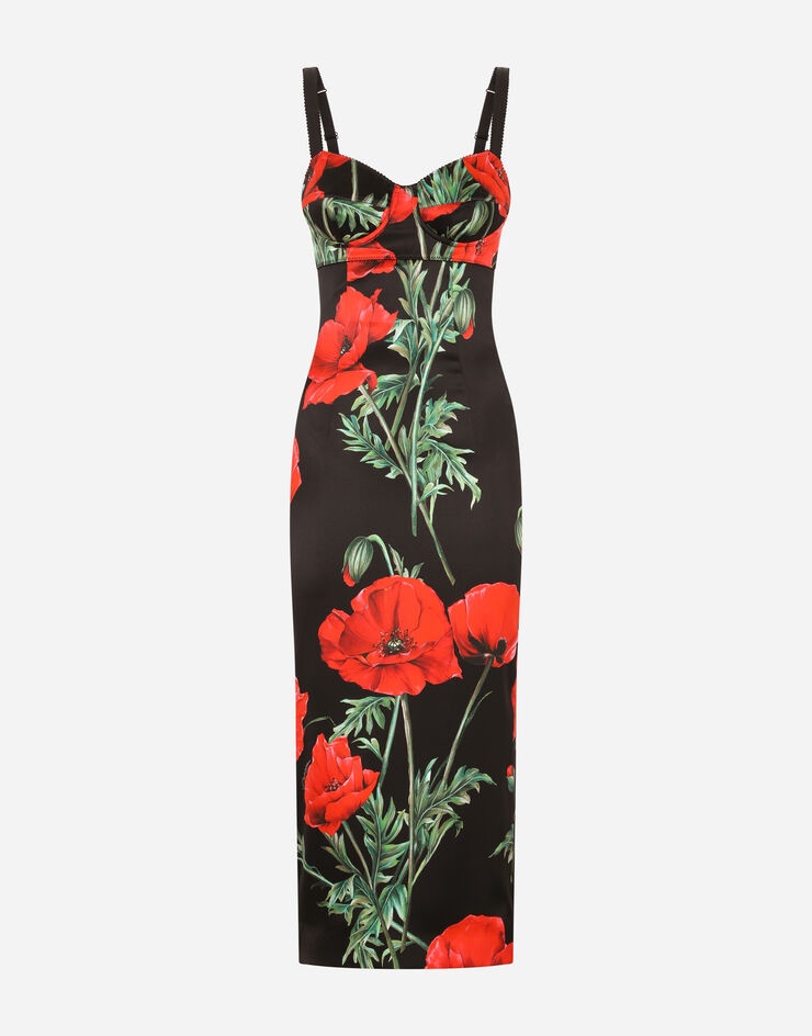 Satin calf-length corset dress with poppy print - 3