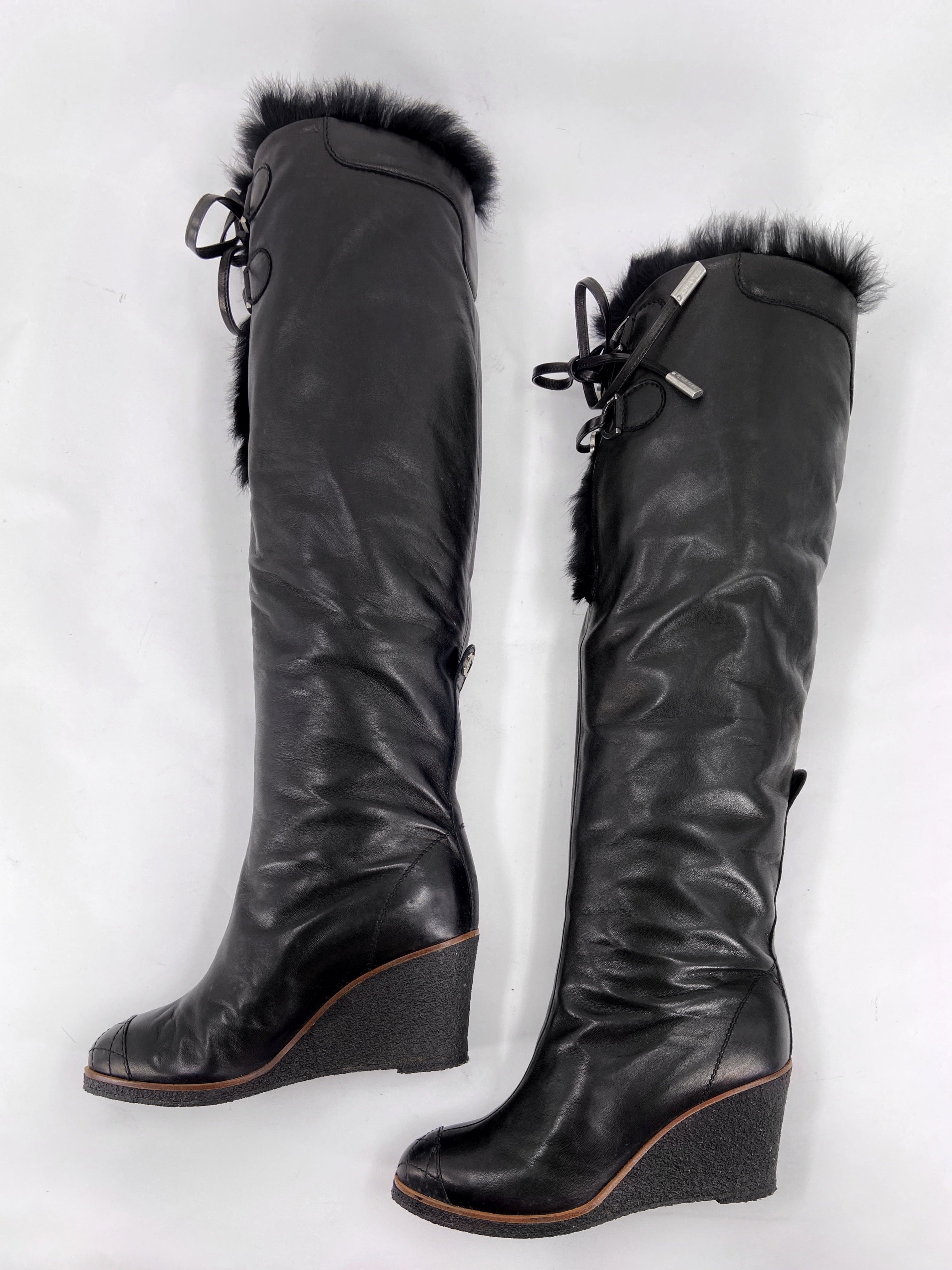 Chanel Fall 2006 Karl Lagerfeld Shearling Lambskin Wedge Long Boot 38 - 2