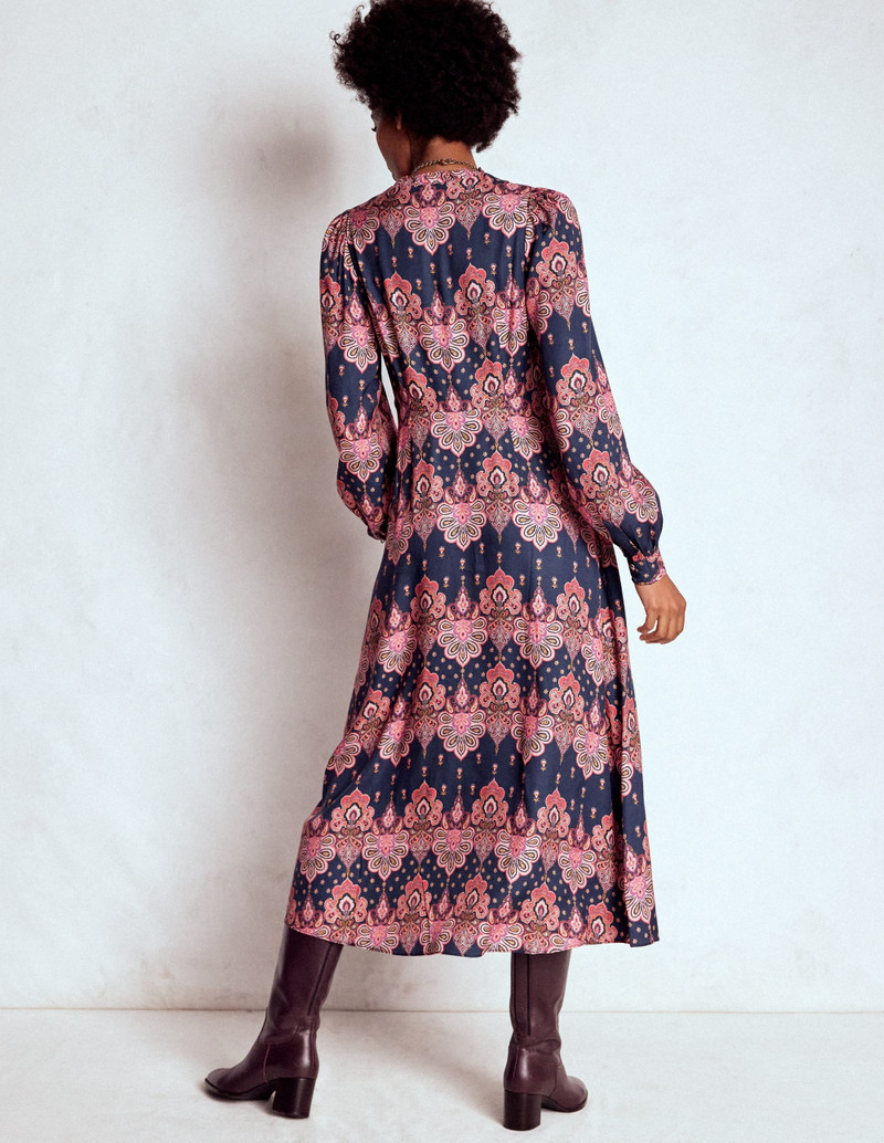 Cassie Smocked Tea Dress-Navy, Embellished Paisley 4