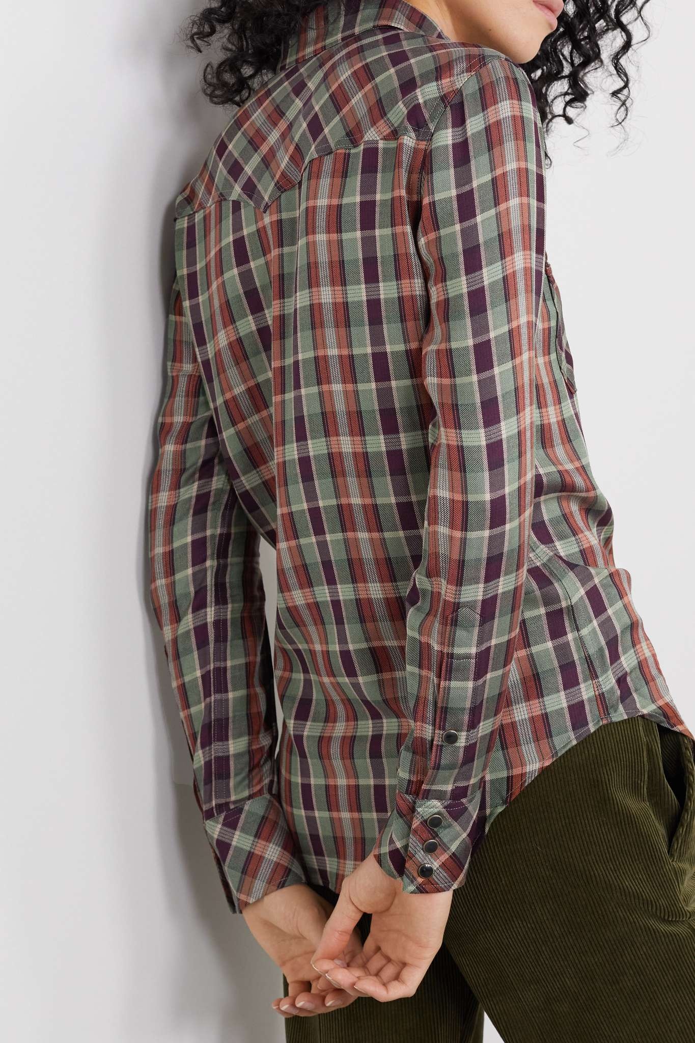 Leather-trimmed checked twill shirt - 4