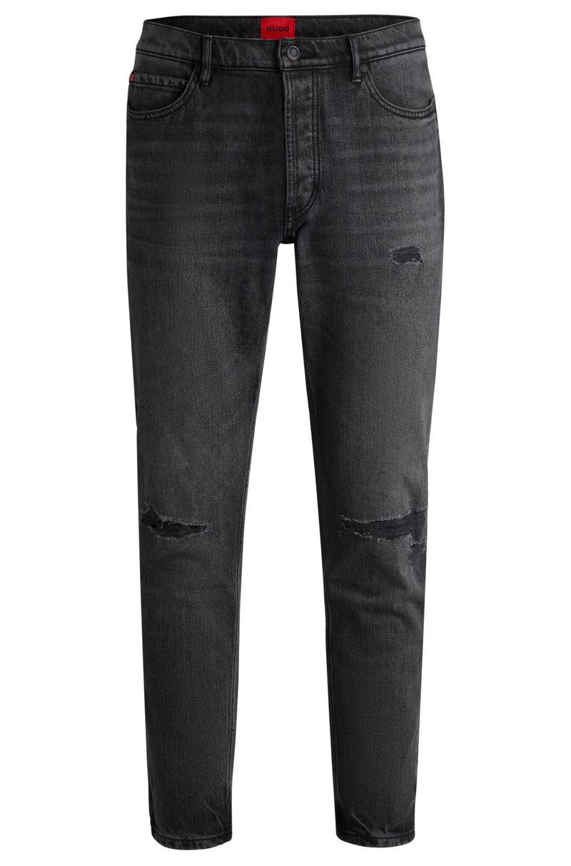 TAPERED-FIT JEANS IN BLACK DISTRESSED DENIM 1