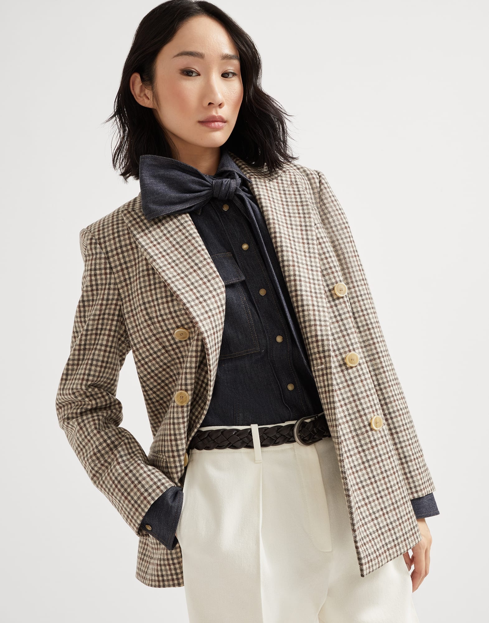 Virgin wool checked flannel blazer with monili - 4