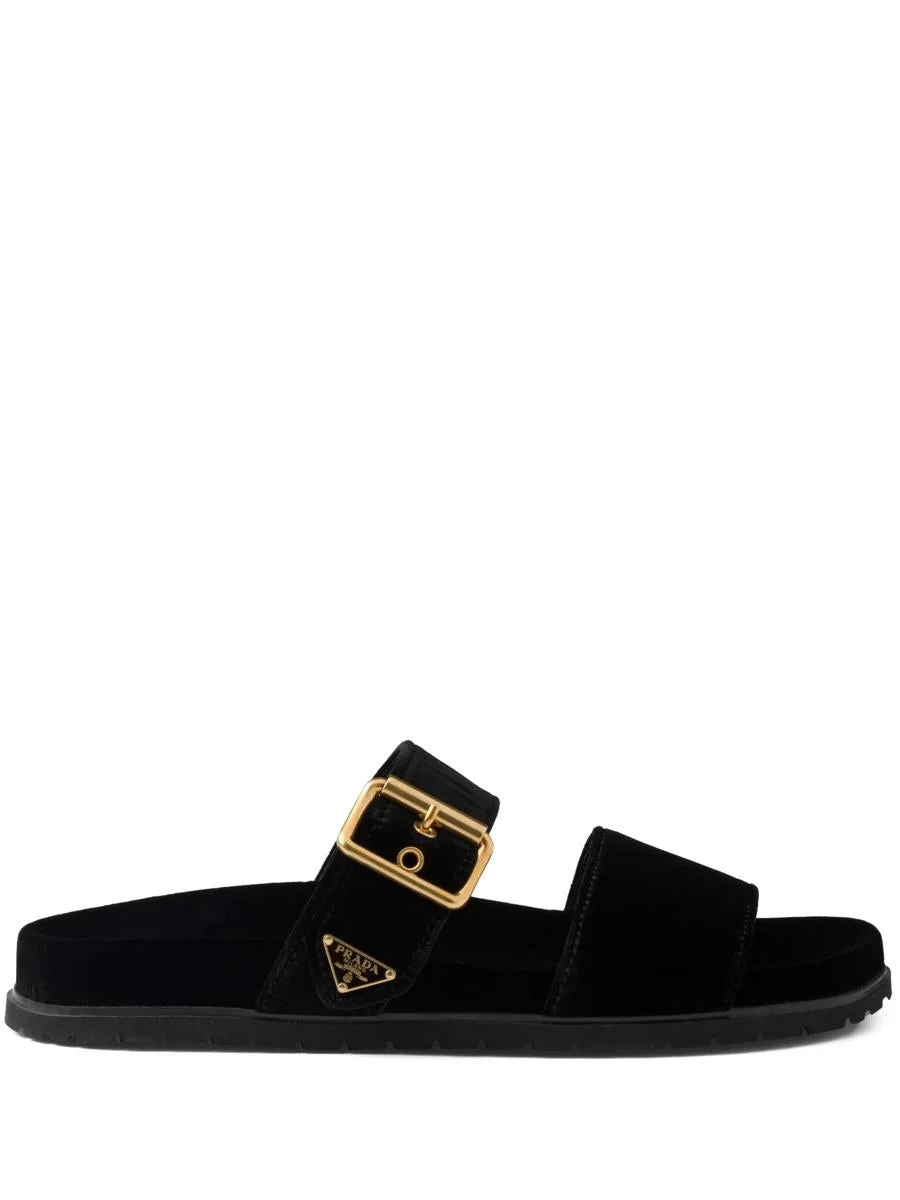 Prada Triangle-Logo Velvet Slides - 1