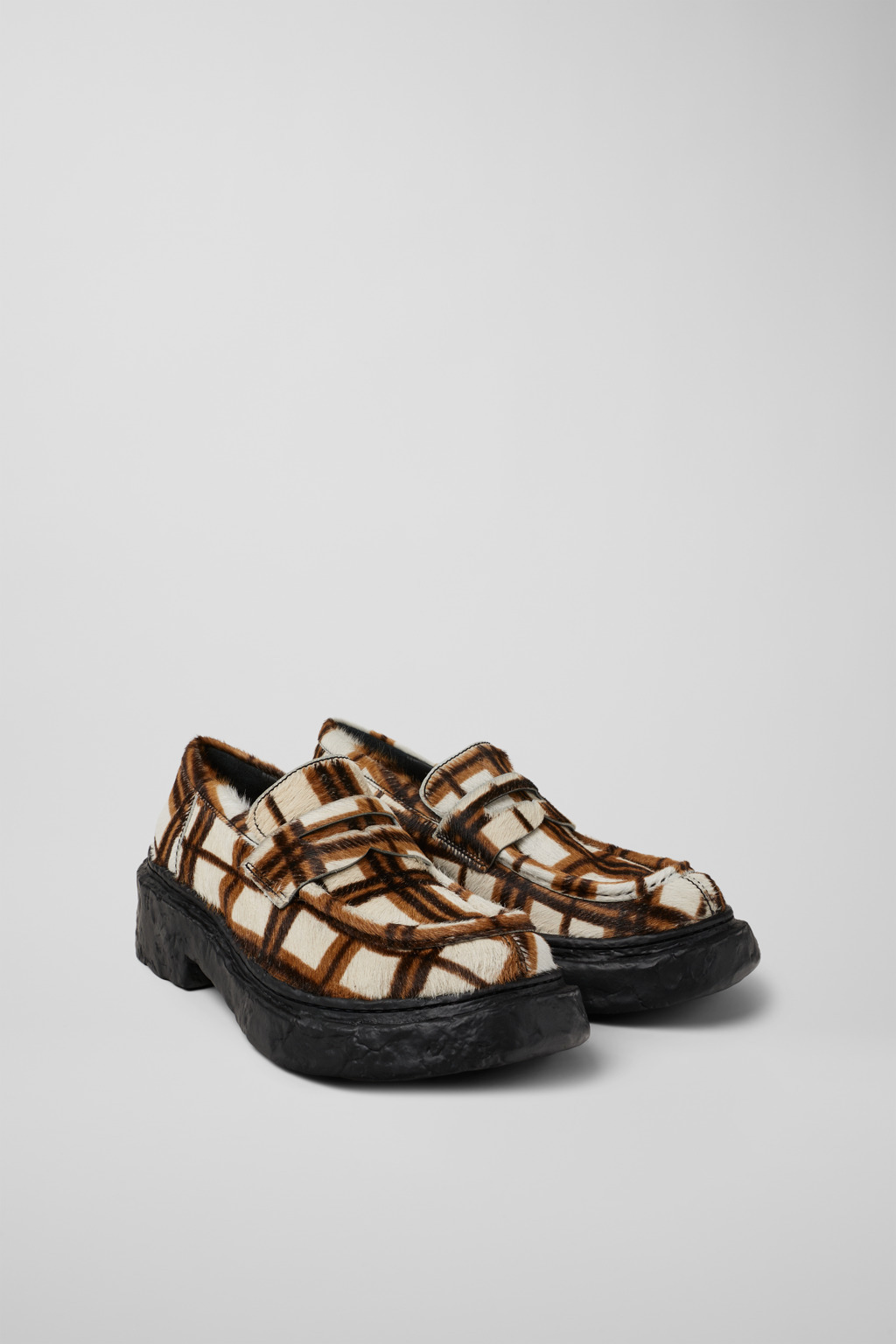 Cream-brown tartan hair-on-leather loafers - 2