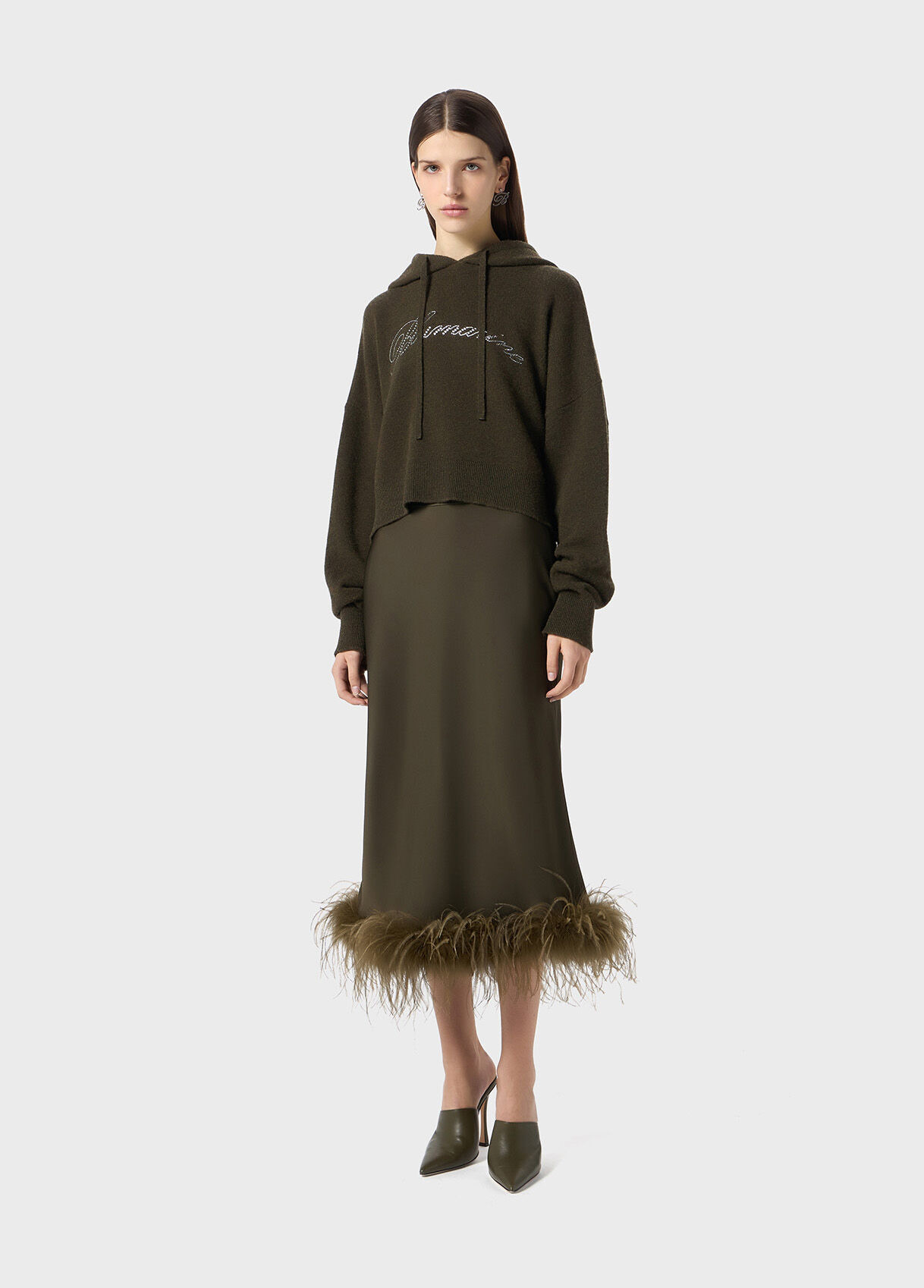 WOOL HOODED SWEATER WITH RHINESTONE LOGO - 5