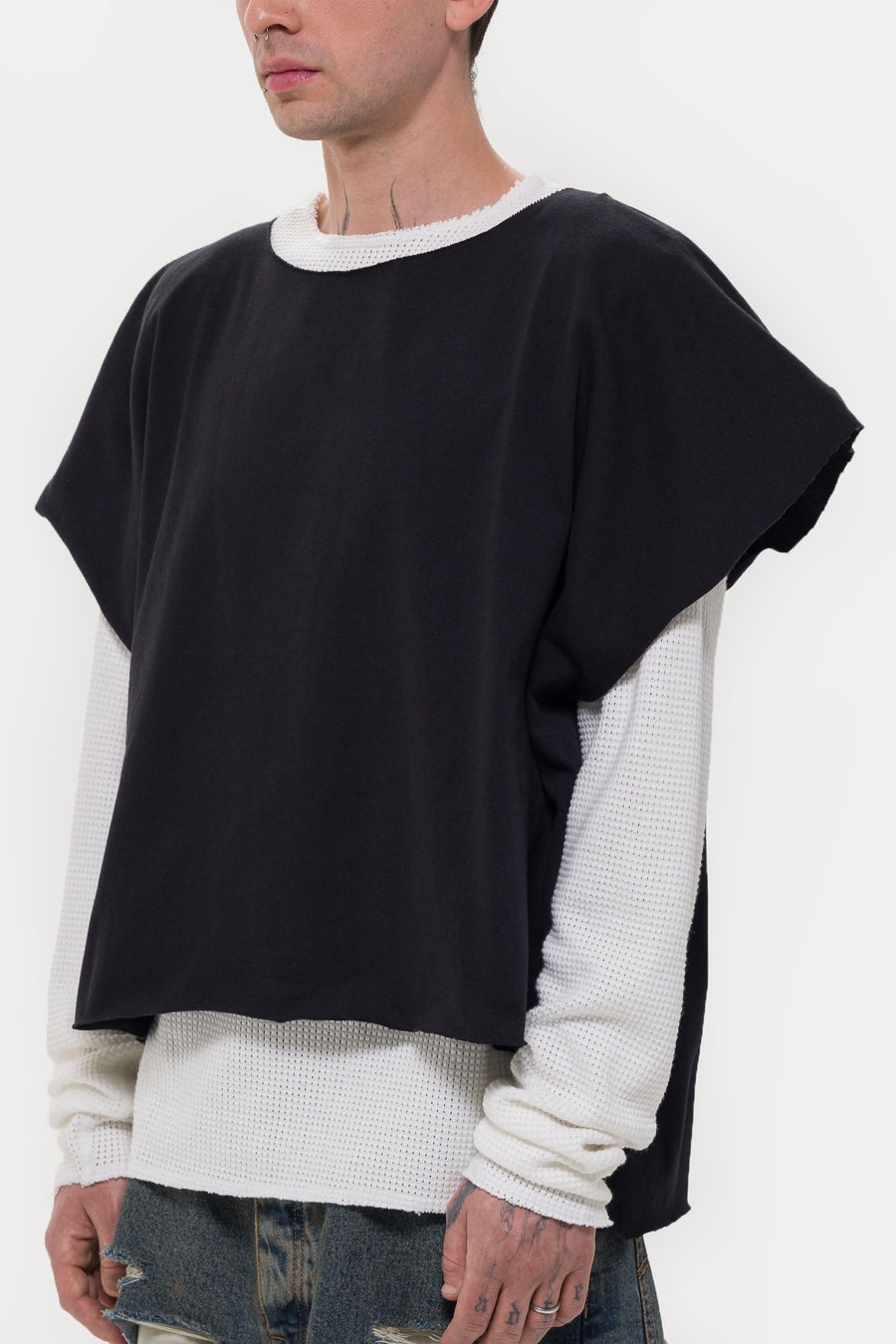 Double Layer Distressed T-Shirt in Black Washed - 4