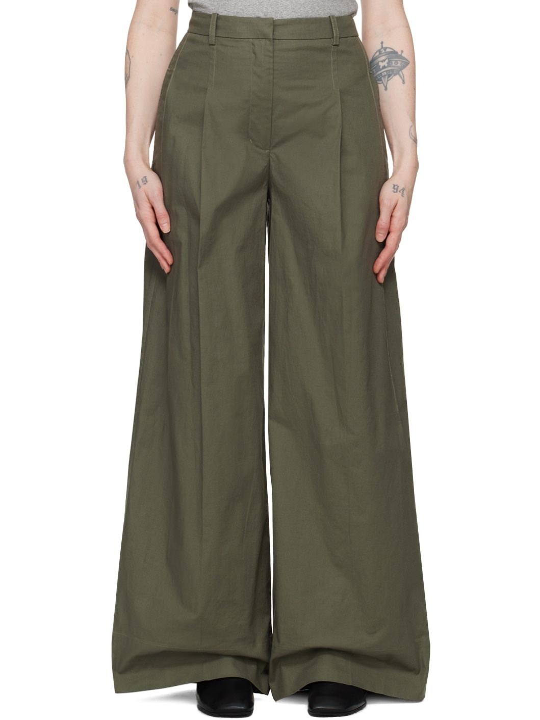 Khaki Wide-Leg Trousers - 1