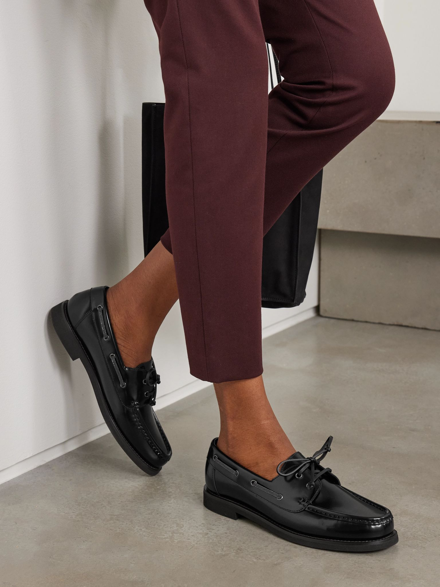 Embellished polished-leather boat shoes Black - 2