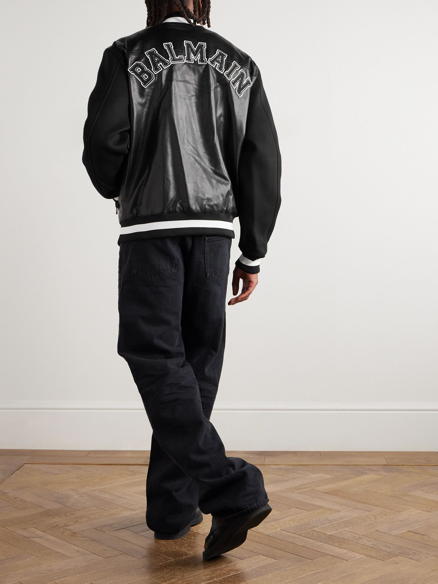 Logo-Appliquéd Leather and Wool Varsity Jacket Black - 2