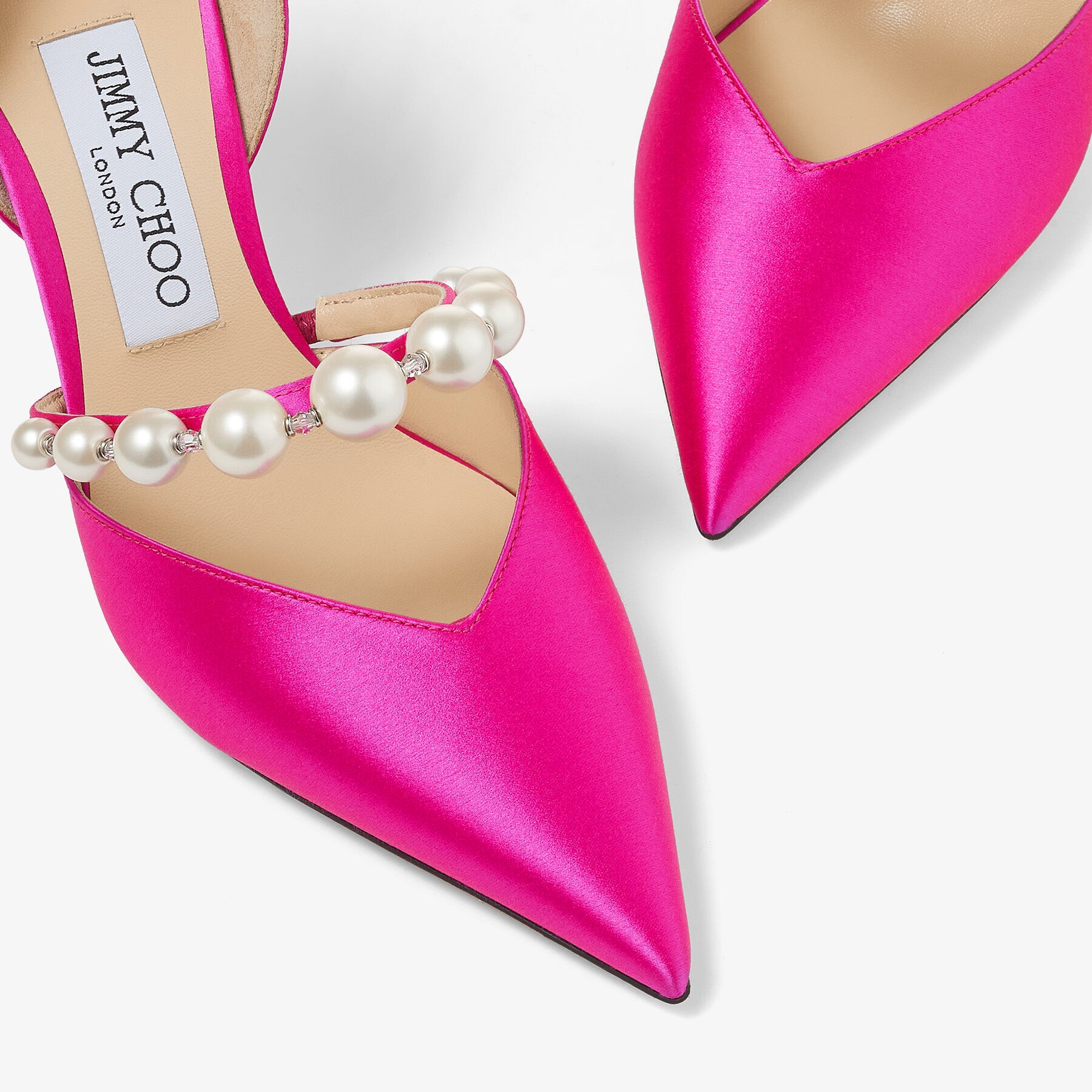 JIMMY CHOO Aurelie 85 Fuchsia Satin Pumps with Pearl Embellishment