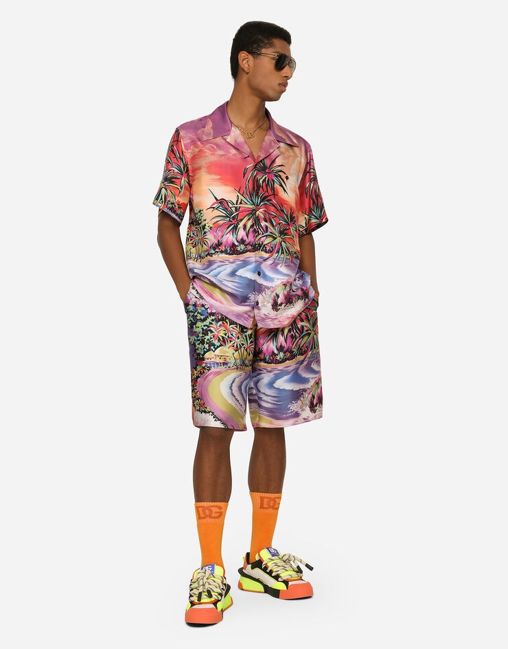 Silk twill jogging shorts with Hawaiian print - 2
