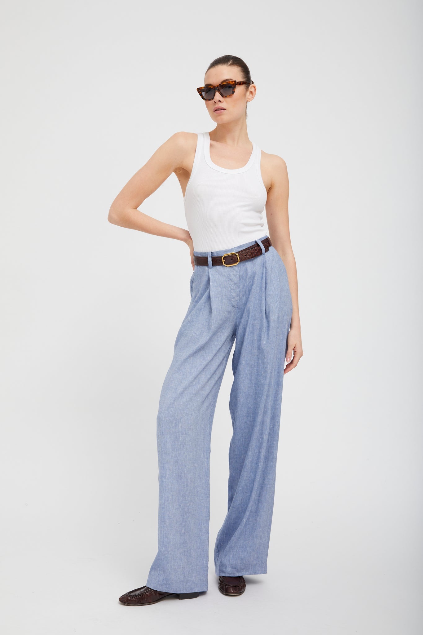 BLUE LINEN PALOMA PLEATED TROUSERS - 2