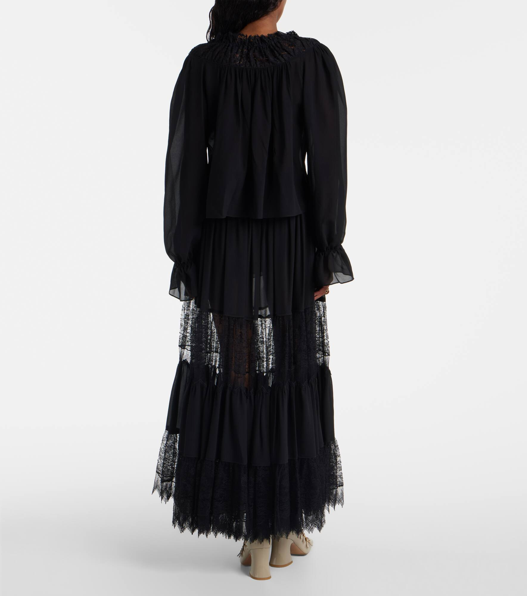 Gathered lace-trimmed silk georgette blouse - 3