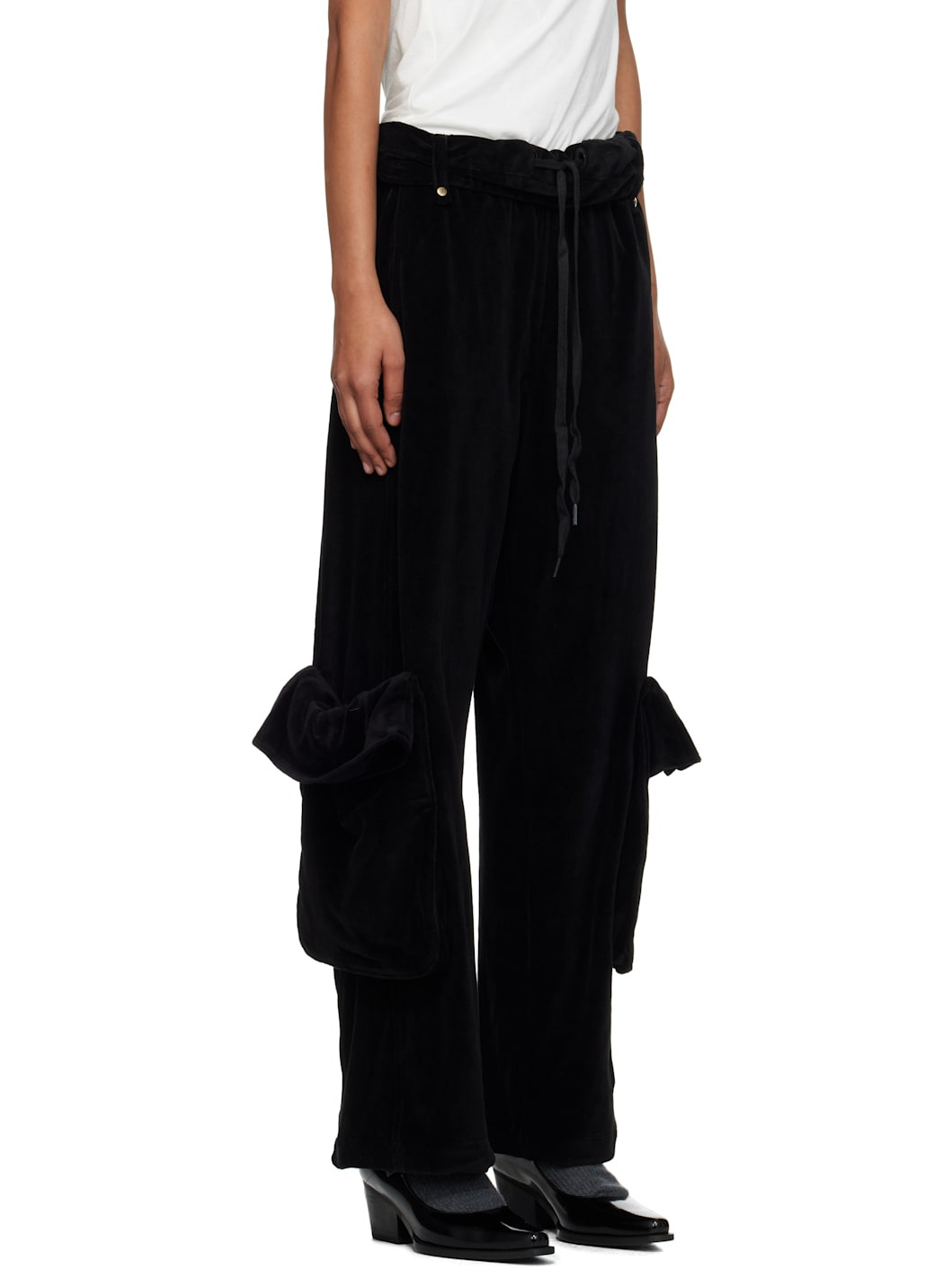 Black Rolled Waist Velour Cargo Pants - 2
