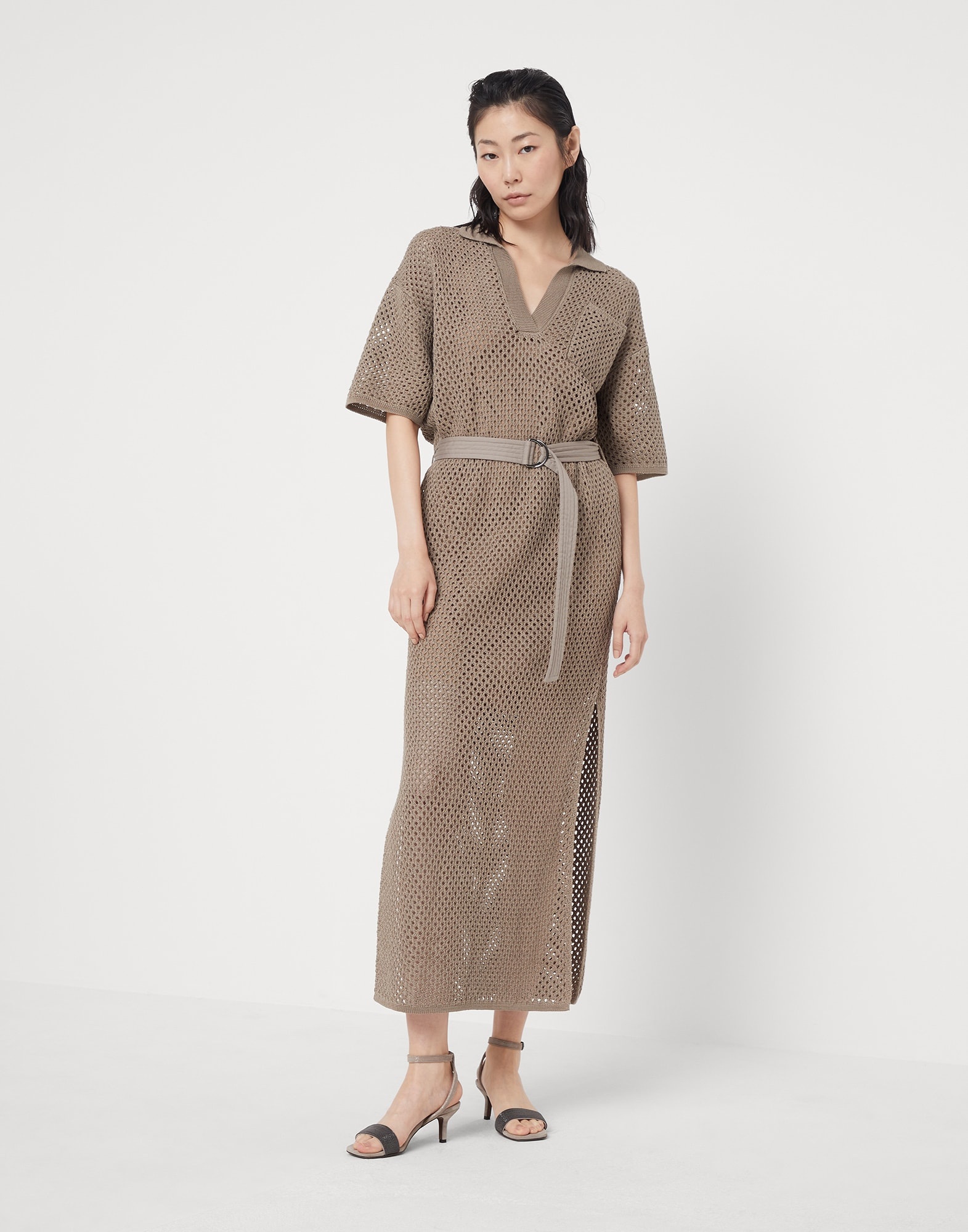 Cotton net knit dress with belt - 1